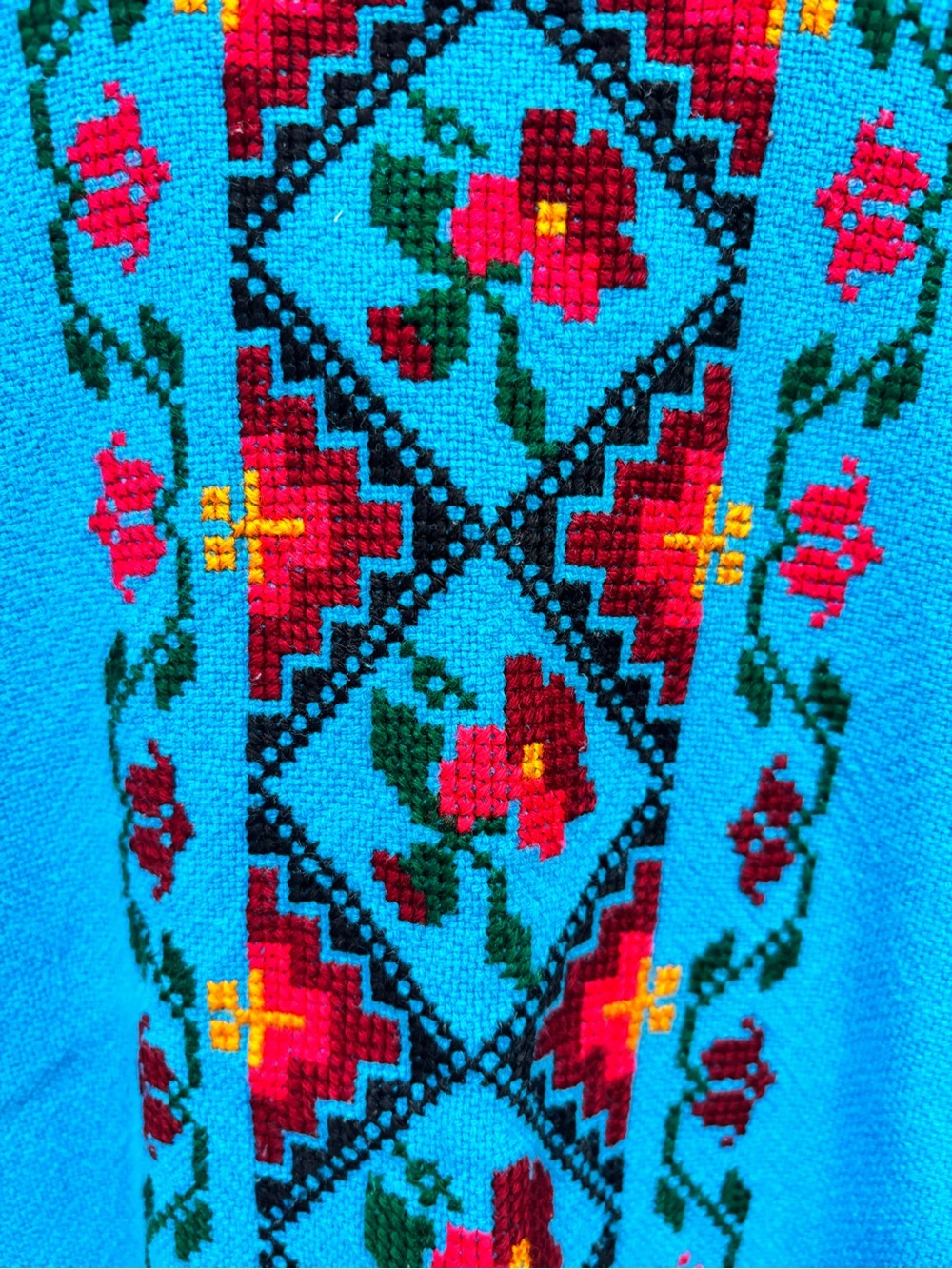 Hand-Embroidered Blue Mexican Blouse with Red Floral Trim - Picture 2 of 3